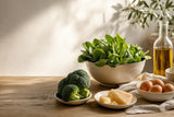 Alimentos variados con vitamina K sobre una mesa mediterránea luminosa